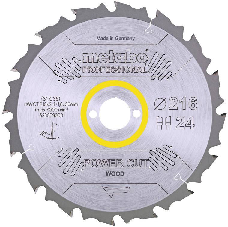 Lame de scie circulaire Metabo Professional pour découpe du bois, argentée avec anneau central jaune, étiquetée 216 mm et 24 dents.