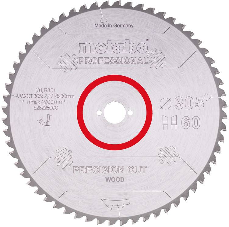 Circular Metabo Professional precision-cut wood saw blade with red center ring and printed specs, including 305 mm diameter and 60 teeth.