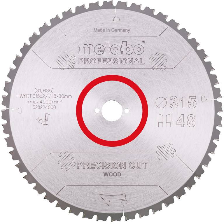 Lame de scie circulaire Metabo Professional à coupe de précision pour bois, argent avec bague rouge, étiquetée « Fabriqué en Allemagne », « Ø315 » et « 48 » dents.