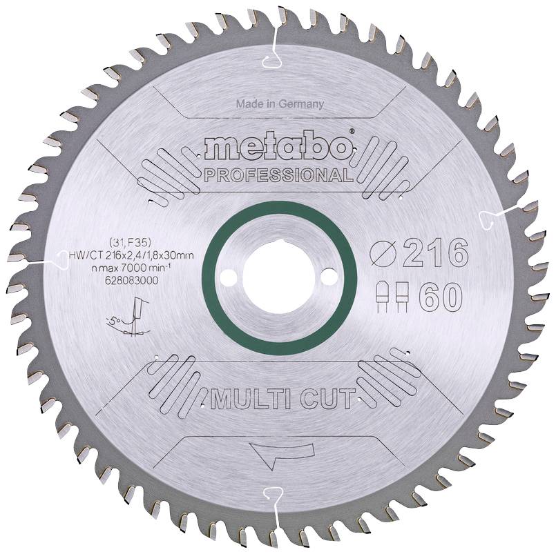 'Lame de scie portant l'inscription : Metabo Professional, Diamètre 216 mm, 60 dents, vitesse de rotation max. 7000 tr/min. Multi Cut, Fabriqué en Allemagne.'