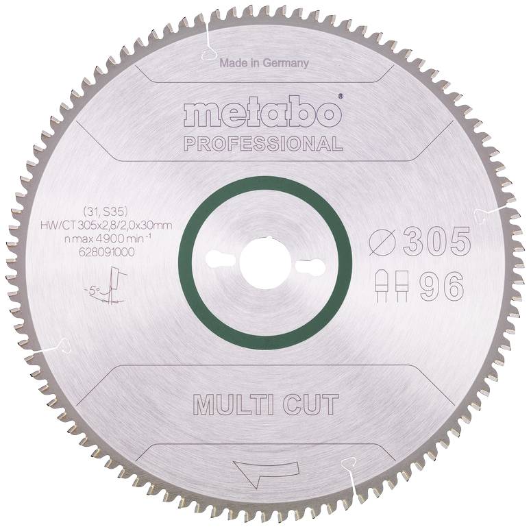 Lame de scie circulaire portant l'inscription 'metabo Professional', diamètre 305 mm, 96 dents, marquage 'Multi Cut'. Fabriqué en Allemagne.