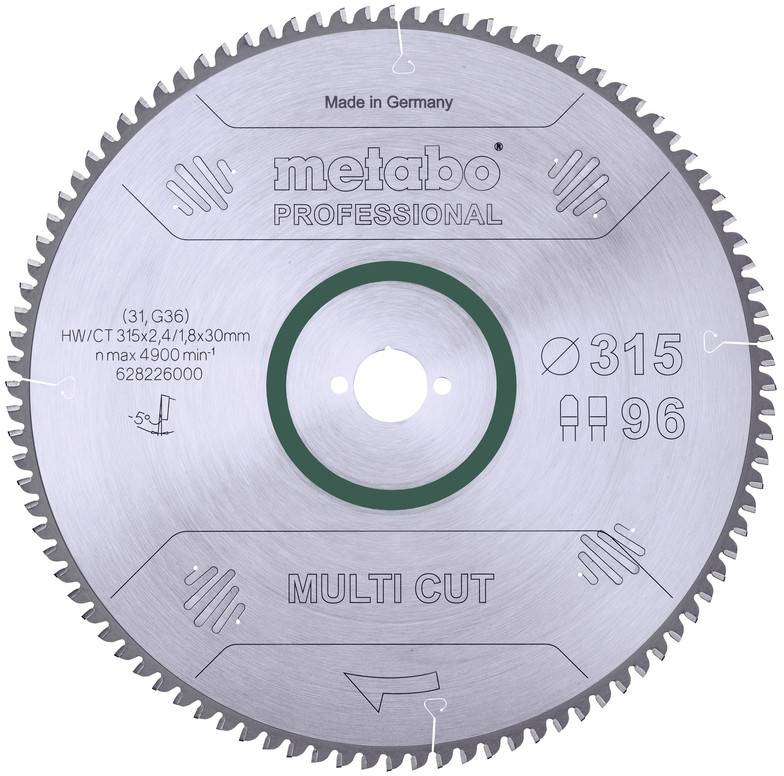L'illustration montre une lame de scie circulaire de la marque 'Metabo Professional', modèle 'Multi Cut', d'un diamètre de 315 mm.
