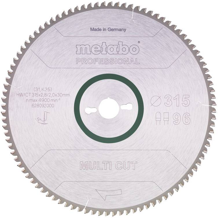 Lame de scie circulaire Metabo Professional « Multi Cut » portant l'indication « Fabriqué en Allemagne », Ø315 avec 96 dents et autres spécifications imprimées sur la lame.