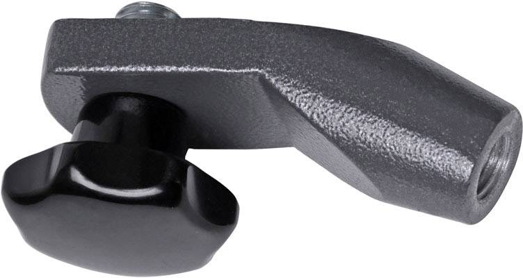 Poignée de rotation noire avec bras gris coudé et filetage, pour la fixation ou l'ajustement de composants.