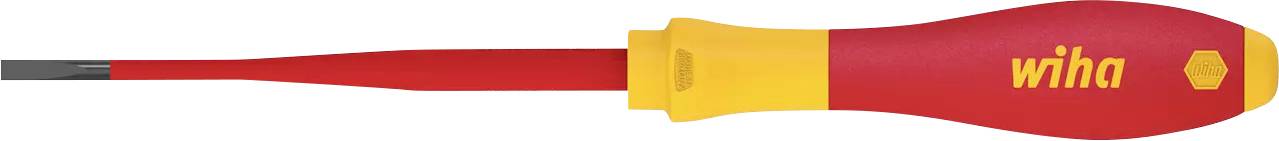 Un tournevis rouge et jaune avec poignée isolée portant l'inscription 'Wiha'.