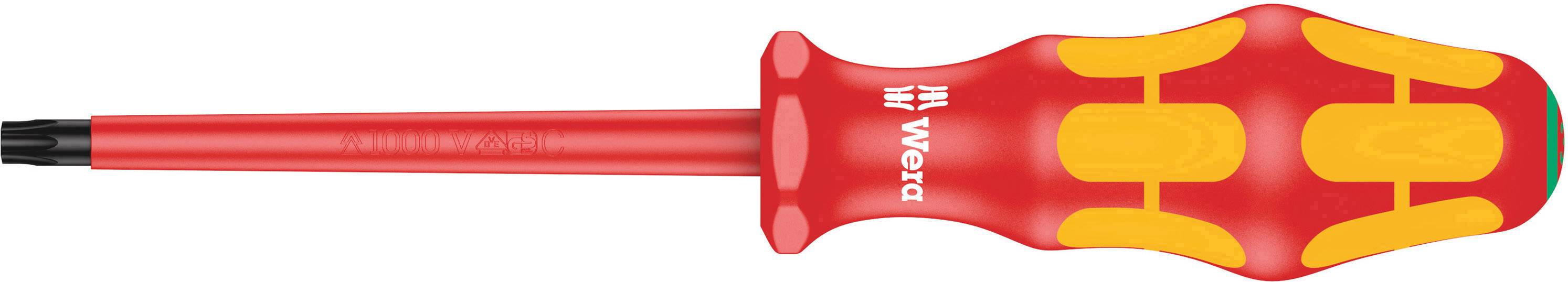 Un tournevis rouge avec une poignée ergonomique et des embouts jaunes, de la marque Wera.