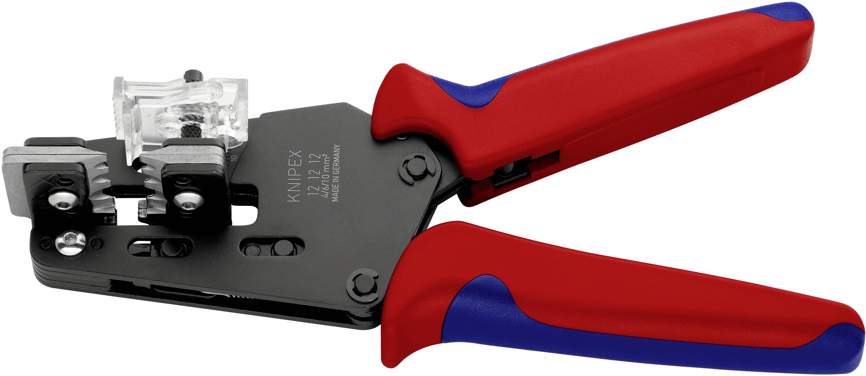 Une pince à sertir rouge et bleue de KNIPEX, modèle 97 53 13. Elle est utilisée pour le sertissage de connecteurs téléphoniques.