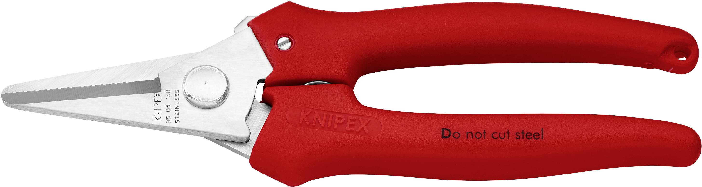 Ciseaux Knipex rouges avec l'inscription 'Ne pas couper l'acier'. Adaptés pour une coupe précise de matériaux non métalliques.