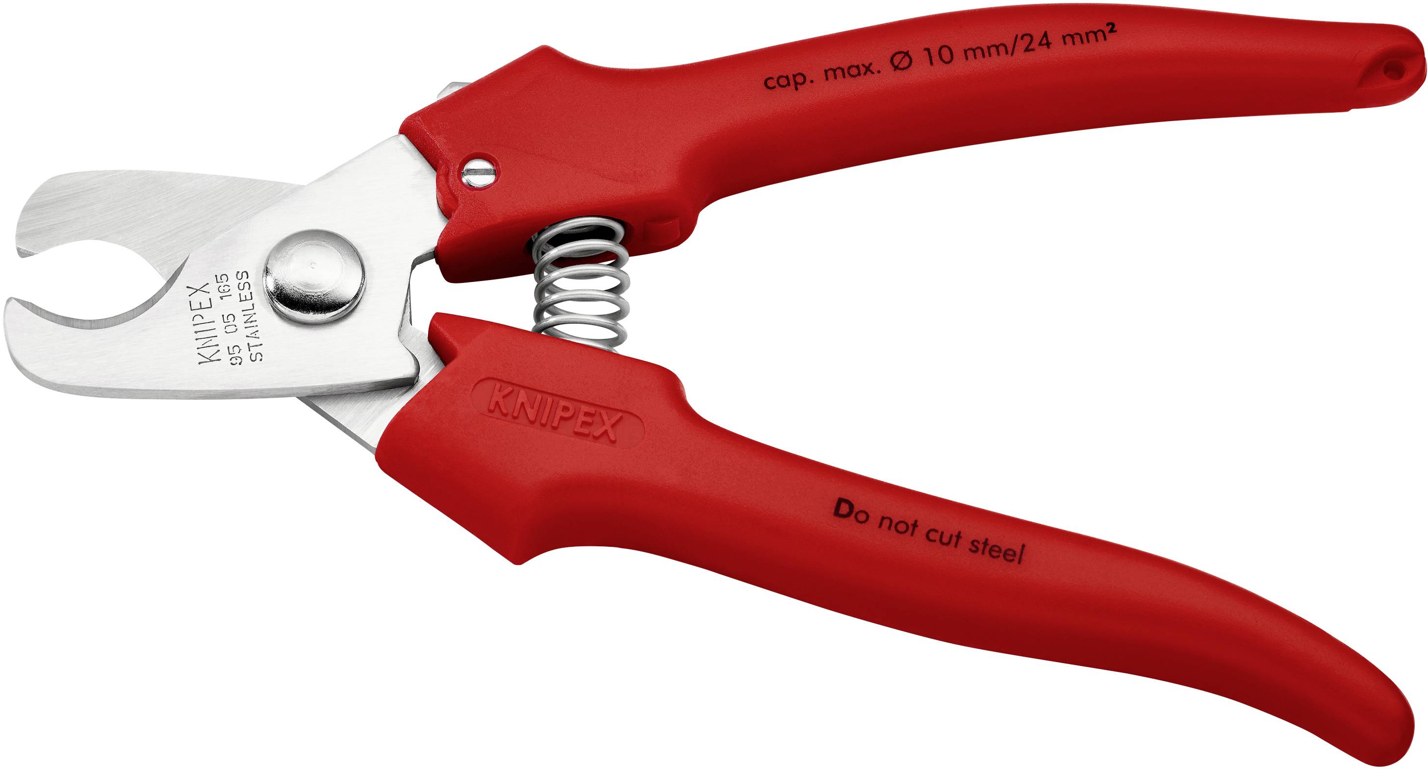 Ciseaux rouges avec lame courbe et mécanisme à ressort, adaptés pour couper des tubes en plastique jusqu'à 10 mm de diamètre.