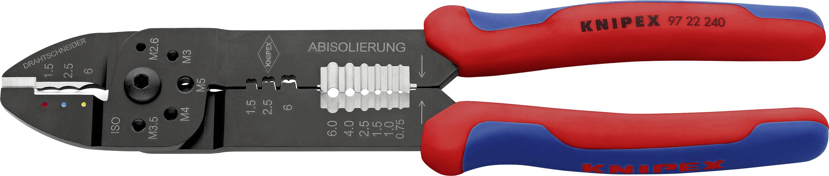 A pair of red and blue-handled wire strippers with measurement markings and multiple holes for different wire gauges.