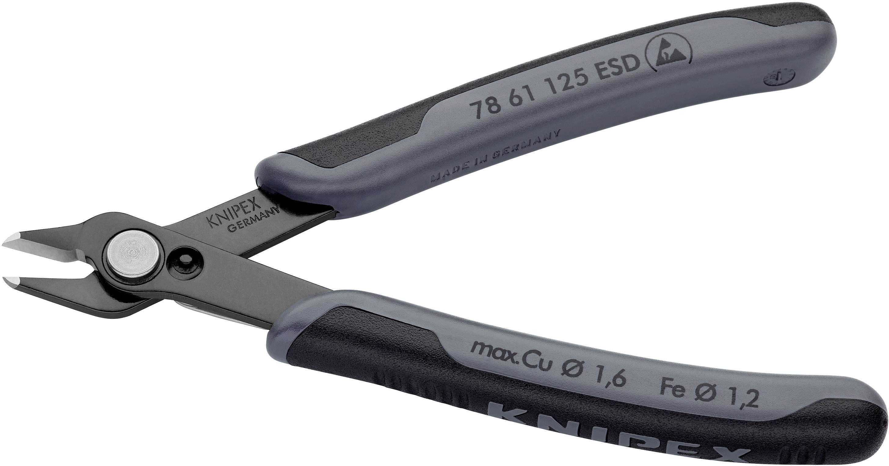 Pince coupante avec poignées noires et grises, marquée comme antistatique. Adaptée aux travaux de coupe précis en électronique.