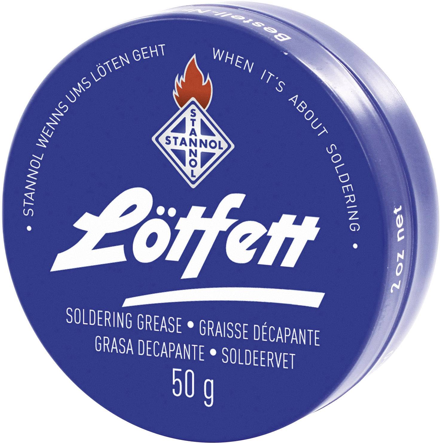 Boîte ronde bleue portant l'inscription 'Löttfett'. Contient 50 g de graisse à souder, utilisée pour les travaux de soudure. Logo de marque au centre.