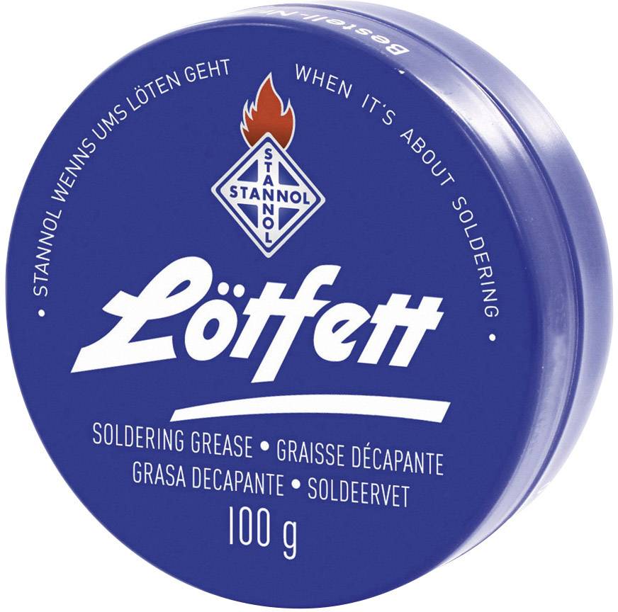 Boîte bleue portant l'inscription « Lötfett », 100 g. Logo de marque et désignation multilingue pour graisse de protection pour soudure.