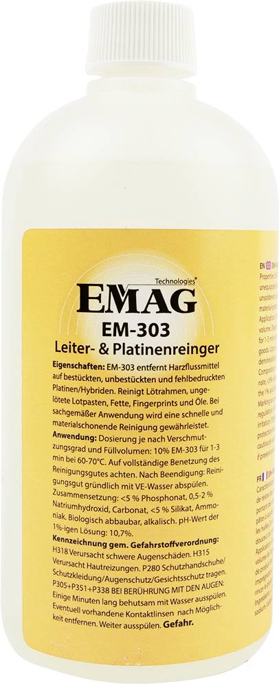 Eine Flasche EMAG EM-303 Leder- und Polsterreiniger mit gelbem Etikett und weißer Kappe.