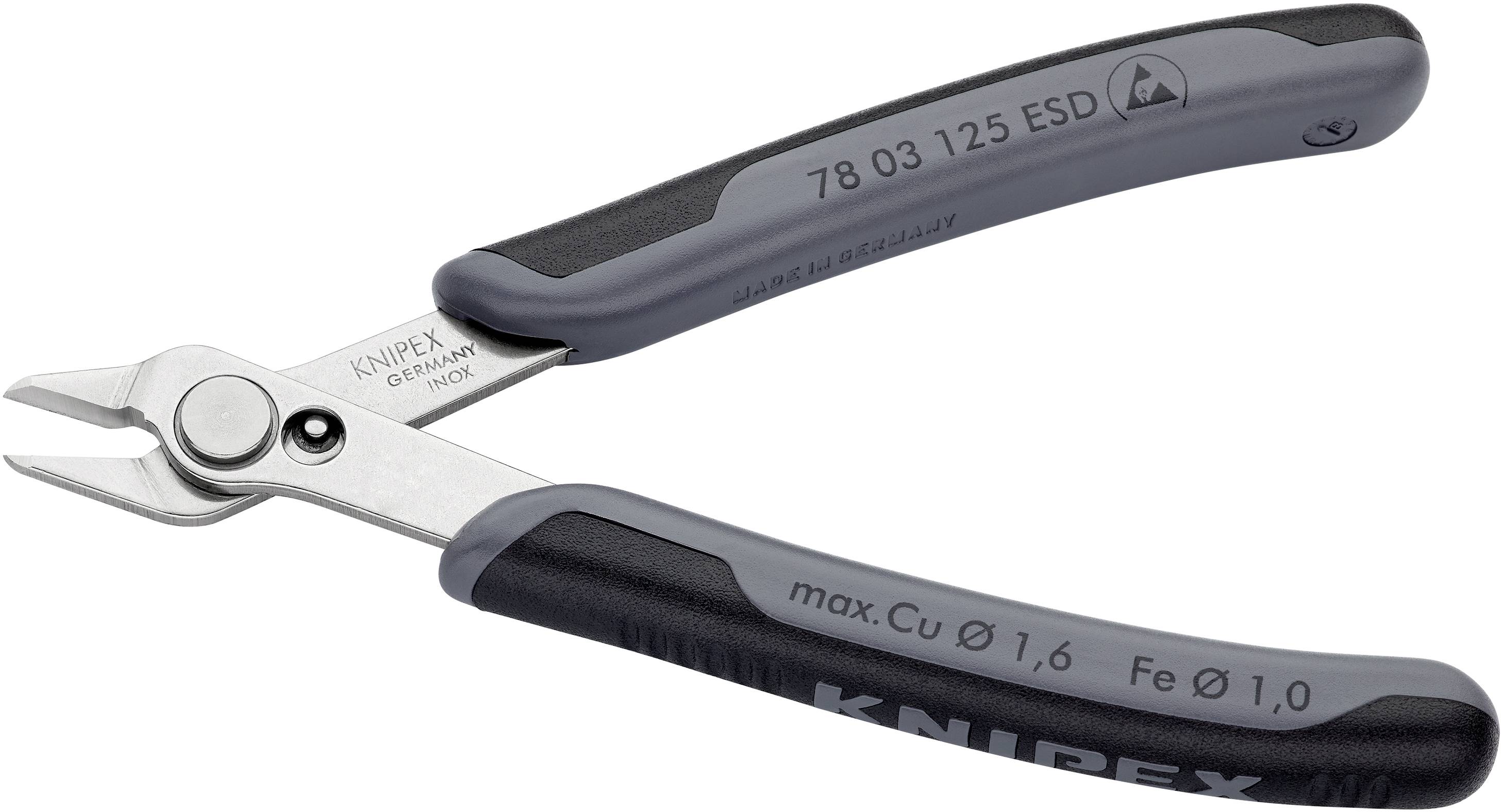 Une pince Knipex grise avec des poignées ergonomiques, adaptée pour couper du fil. L'inscription indique la capacité maximale 'Cu 1,6, Fe 1,0'.