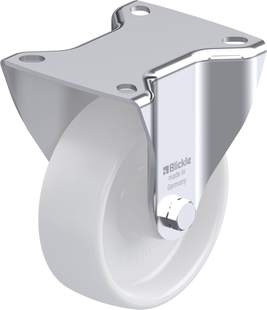 Roulette d'appareil pivotante en métal et plastique portant l'inscription 'Blickle made in Germany' sur le support.