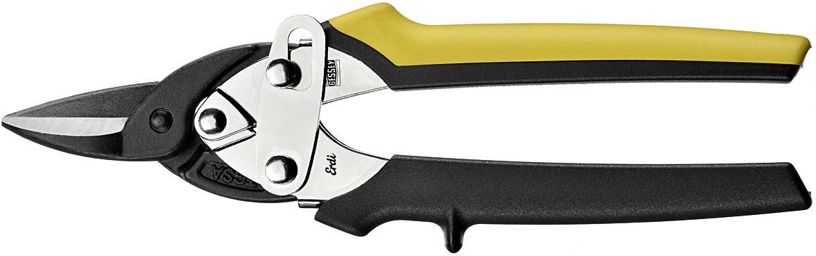 Une cisaille à tôle manuelle avec une poignée jaune et noire, adaptée pour couper des tôles métalliques, est posée sur un fond blanc.