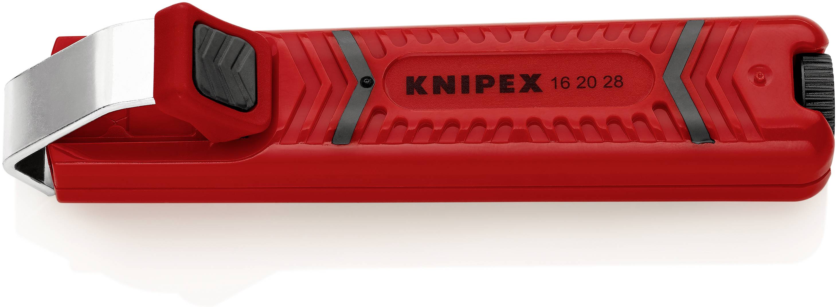 Outil de mesure de sécurité rouge avec l'inscription 'KNIPEX 16 20 28' et lame. Conçu pour couper de manière précise et sécurisée.