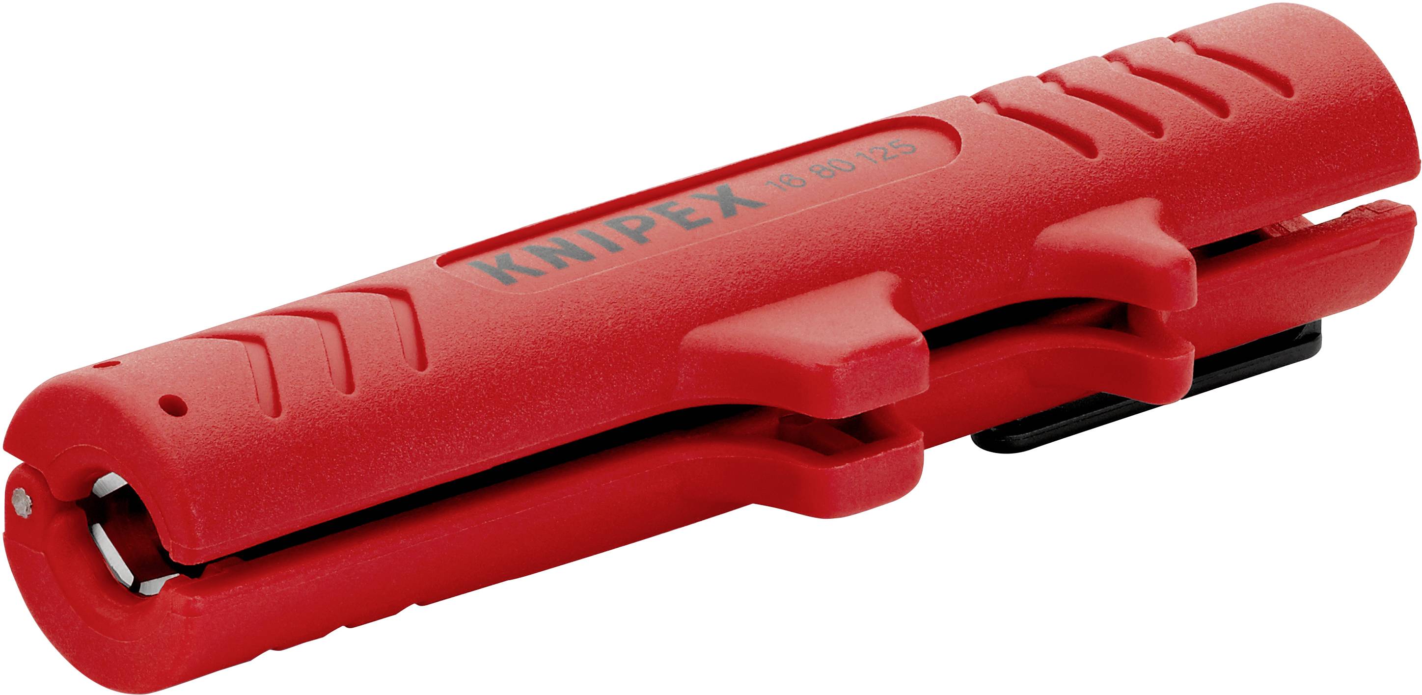 Dénudeur de câbles rouge avec logo, design ergonomique, adapté au dénudage précis des câbles ronds.
