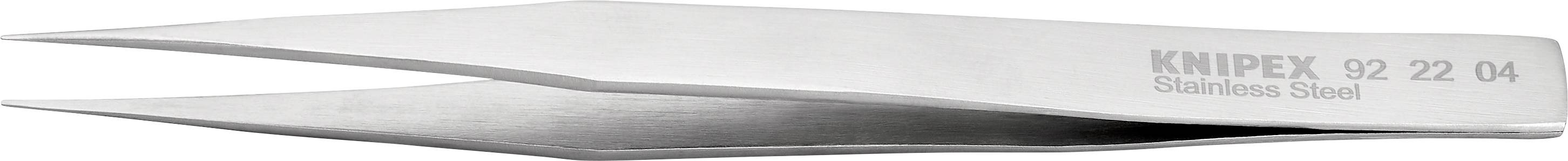 Pince à épiler en acier inoxydable à pointes fines portant l'inscription 'KNIPEX 92 22 04 Stainless Steel'.