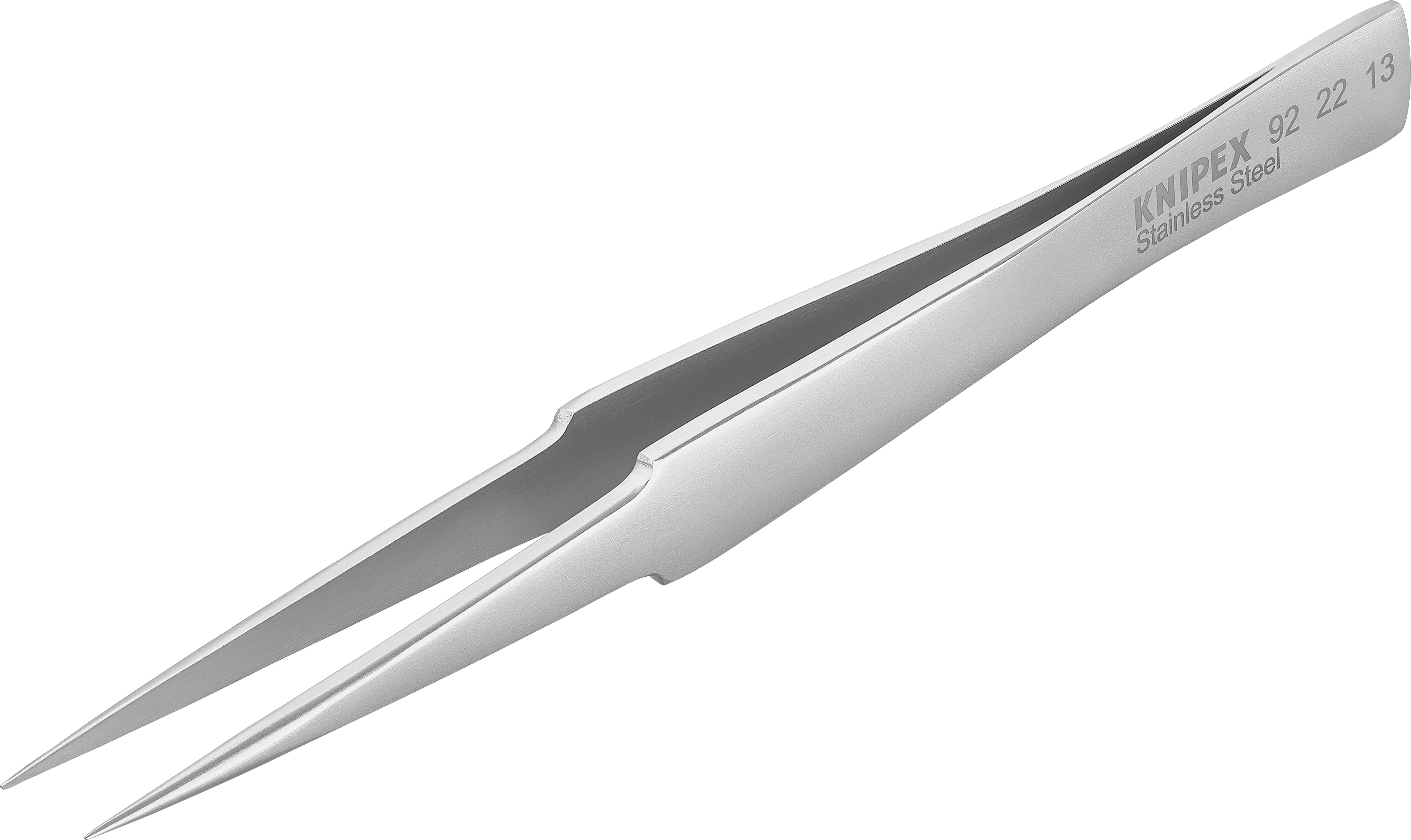 Pince à épiler en acier inoxydable argentée, à extrémités pointues et affûtées, portant la mention « KNIPEX Stainless Steel » gravée.