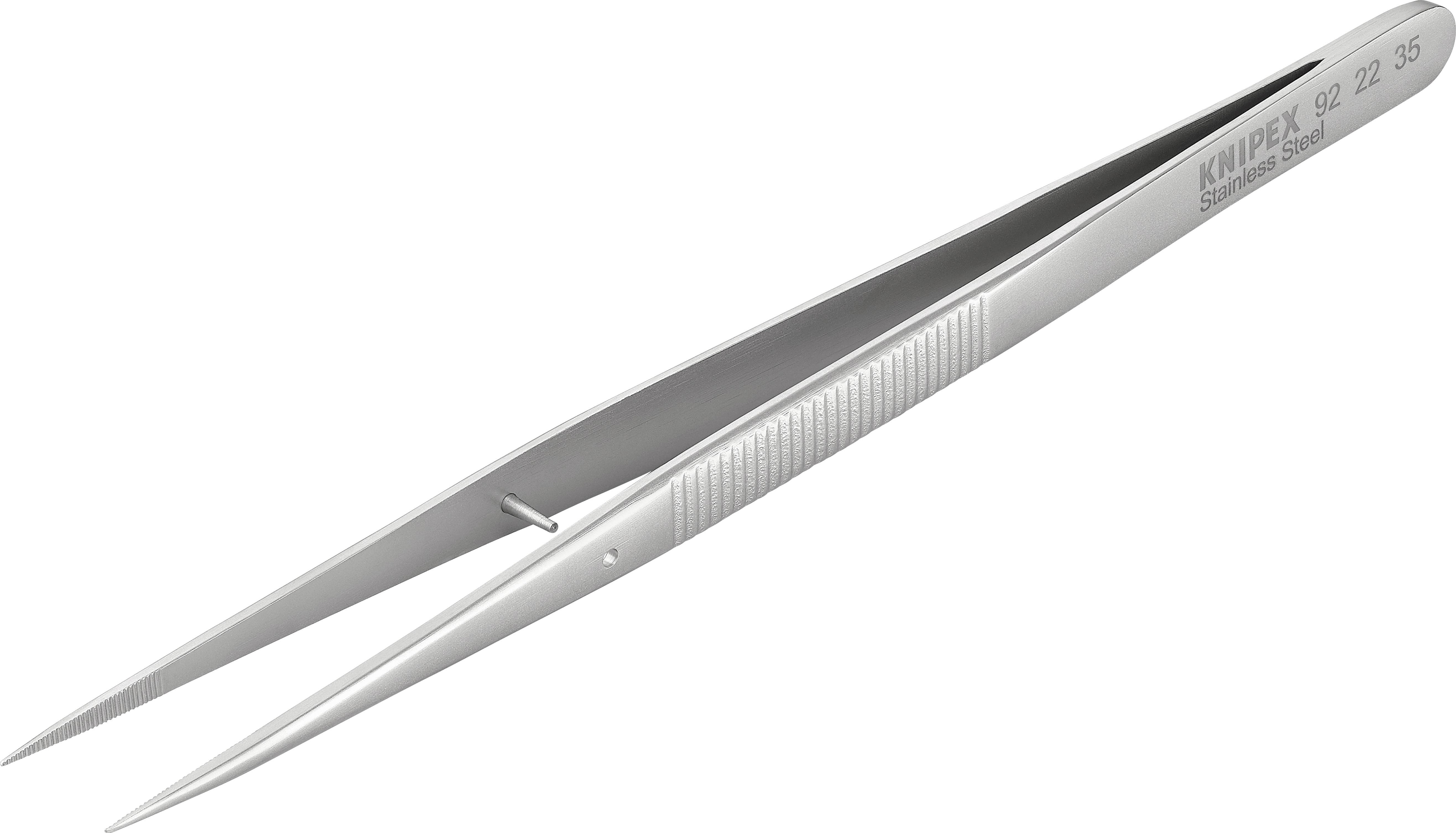 Pince à épiler métallique à pointe fine, conçue pour un travail précis en électronique ou en modélisme. Manche en arc avec surface striée.