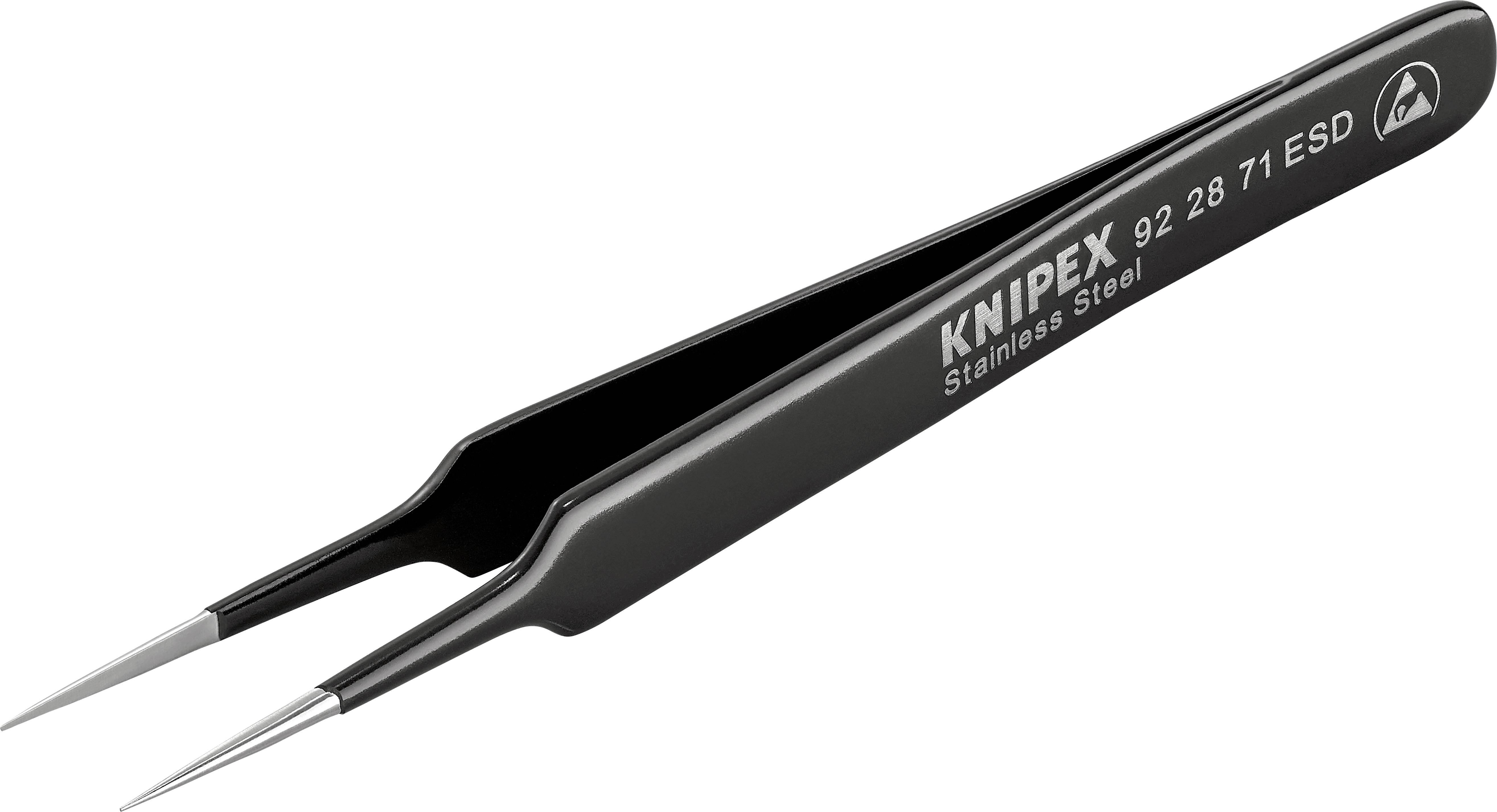 Pince de précision noire en acier inoxydable, modèle 'KNIPEX 92 28 71 ESD', idéale pour les composants électroniques sensibles.