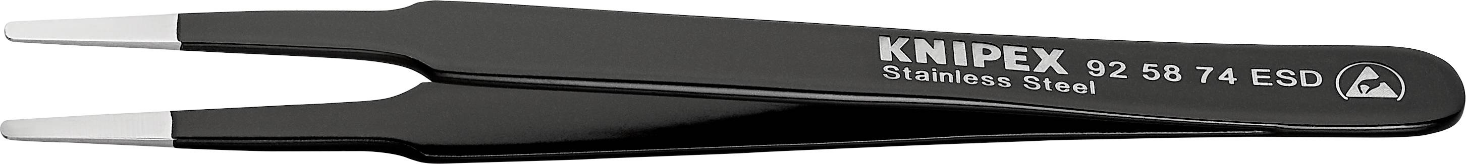 Pince de précision noire avec pointes argentées, marquée 'KNIPEX 92 56 74 ESD Stainless Steel', adaptée aux travaux nécessitant une protection électrostatique.