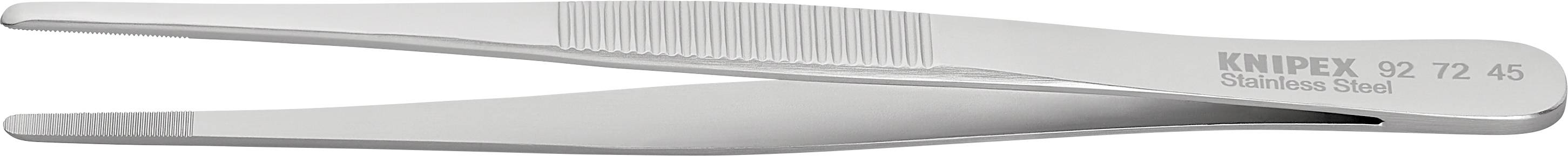 Pince à épiler en métal à pointes striées avec marquage latéral 'Knipex'. Adaptée aux travaux précis en technique ou en médecine.
