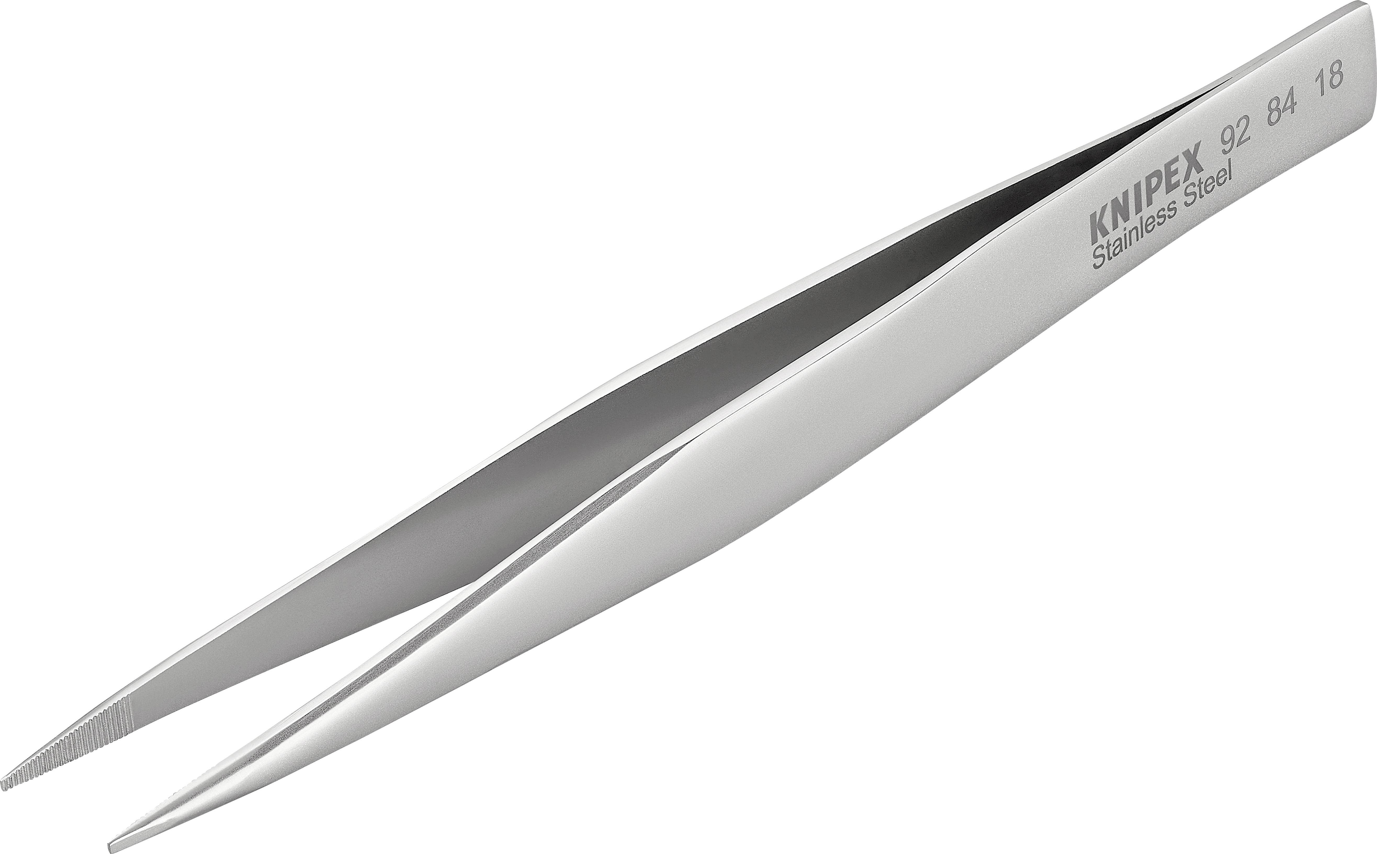 Une pince brucelles en acier inoxydable argentée à pointe fine, portant le logo 'Knipex' et le numéro '92 84 18' imprimé.