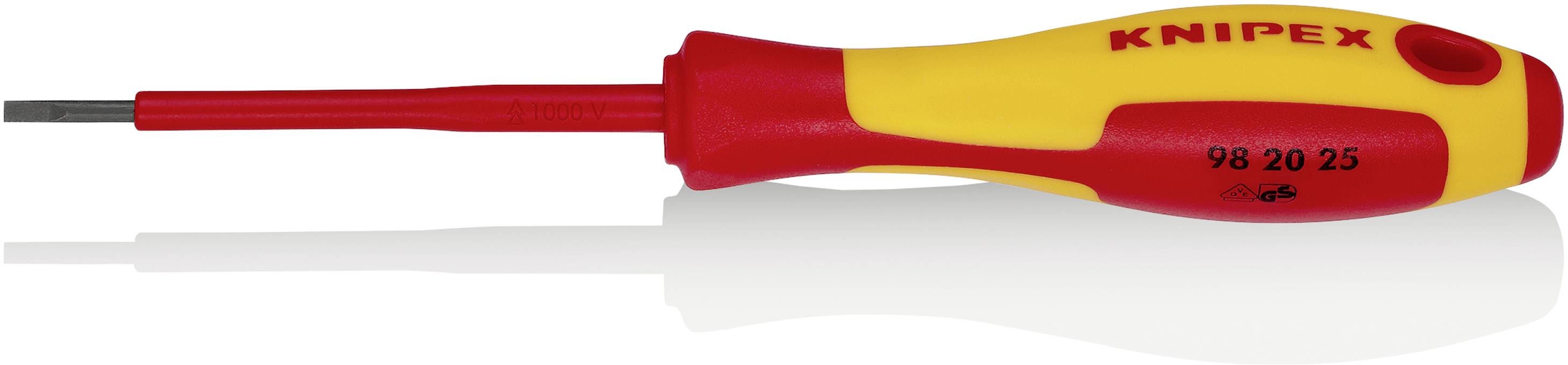 Tournevis isolé à poignée rouge et jaune, adapté aux travaux sous tension. Marque et numéro de modèle visibles.