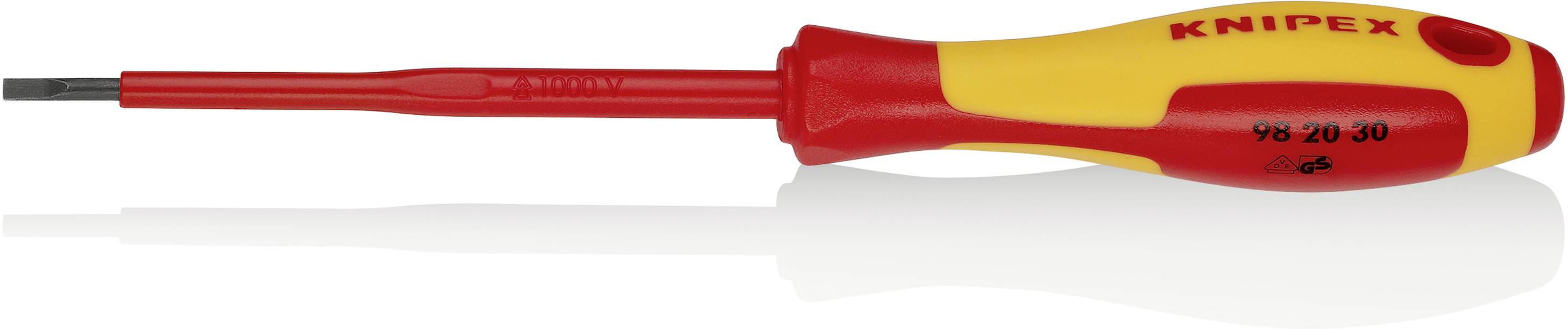 Un tournevis jaune et rouge avec manche isolé et lame plate, adapté aux travaux électriques. Marquage 'KNIPEX'.