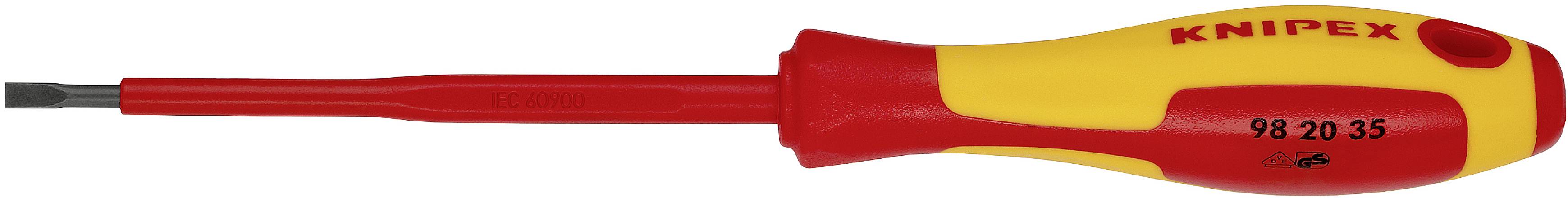 Un tournevis jaune et rouge portant l'inscription 'Knipex', adapté pour un travail précis et la sécurité électrique.