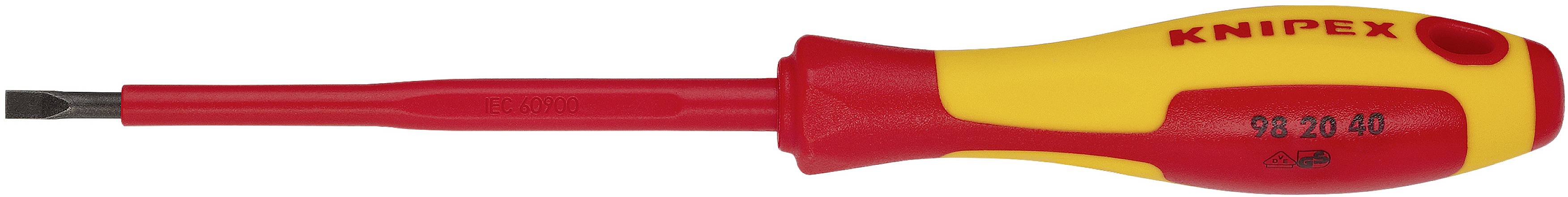 Un tournevis isolé avec une poignée rouge et jaune portant la marque 'Knipex'.
