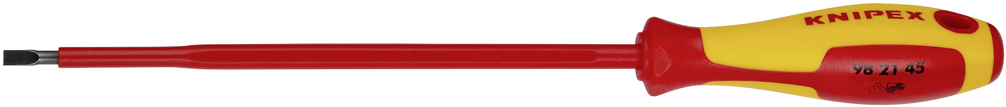 Un tournevis Knipex isolé avec une poignée jaune et rouge et une tête plate noire.