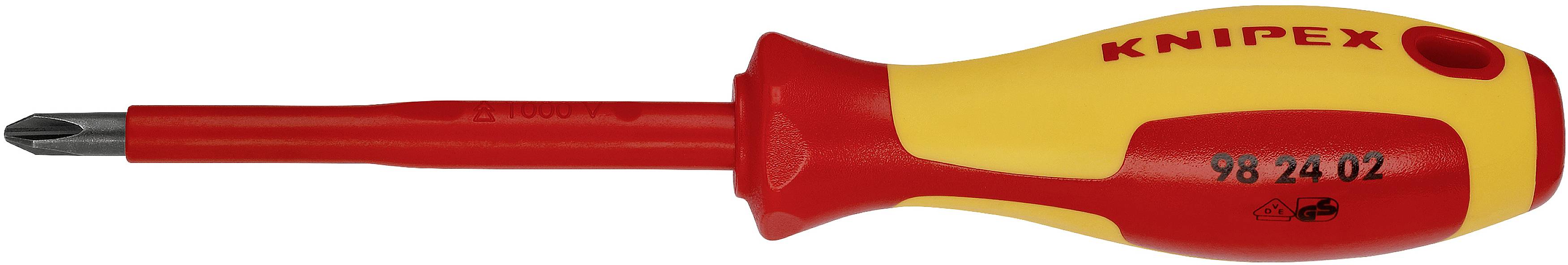 Tournevis isolé à poignée rouge et jaune, adapté pour les vis à tête cruciforme.