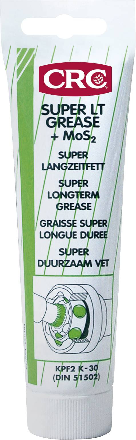 Un tube de « CRC Super LT Grease + MoS2 », étiqueté comme graisse de très longue durée, avec des illustrations montrant son application.