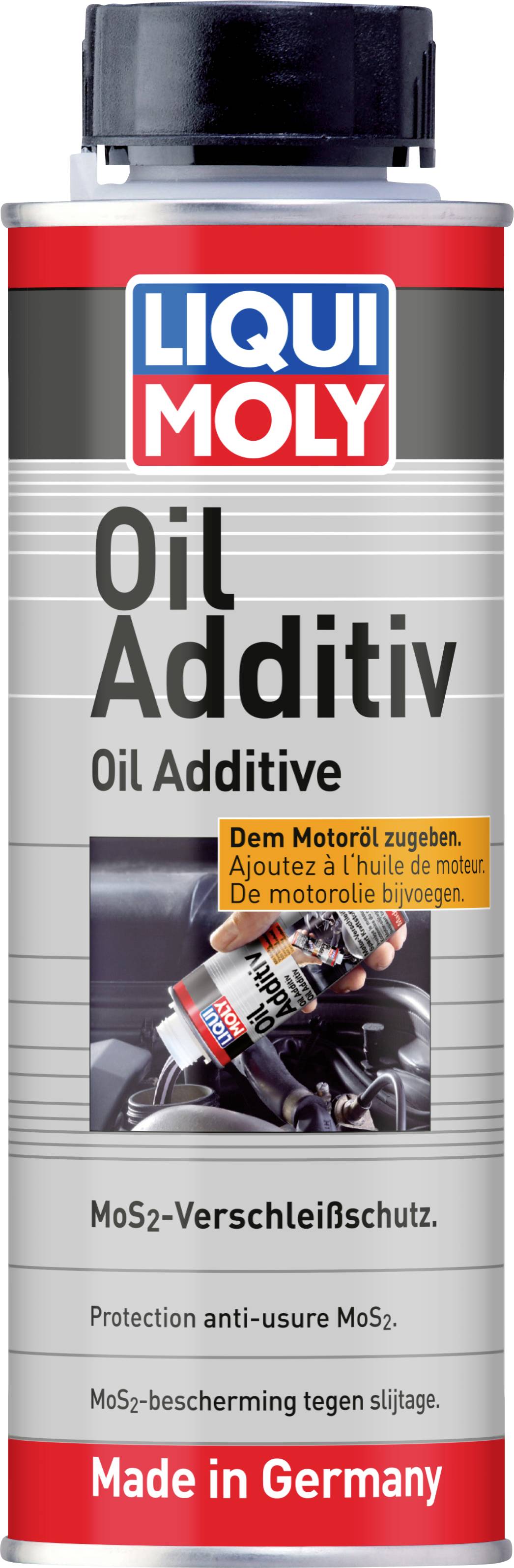 Liqui Moly Ölzusatz Dose mit der Aufschrift „Ölzusatz" und „MoS2-Verschleißschutz", mit „Made in Germany" auf der roten Grundfläche.