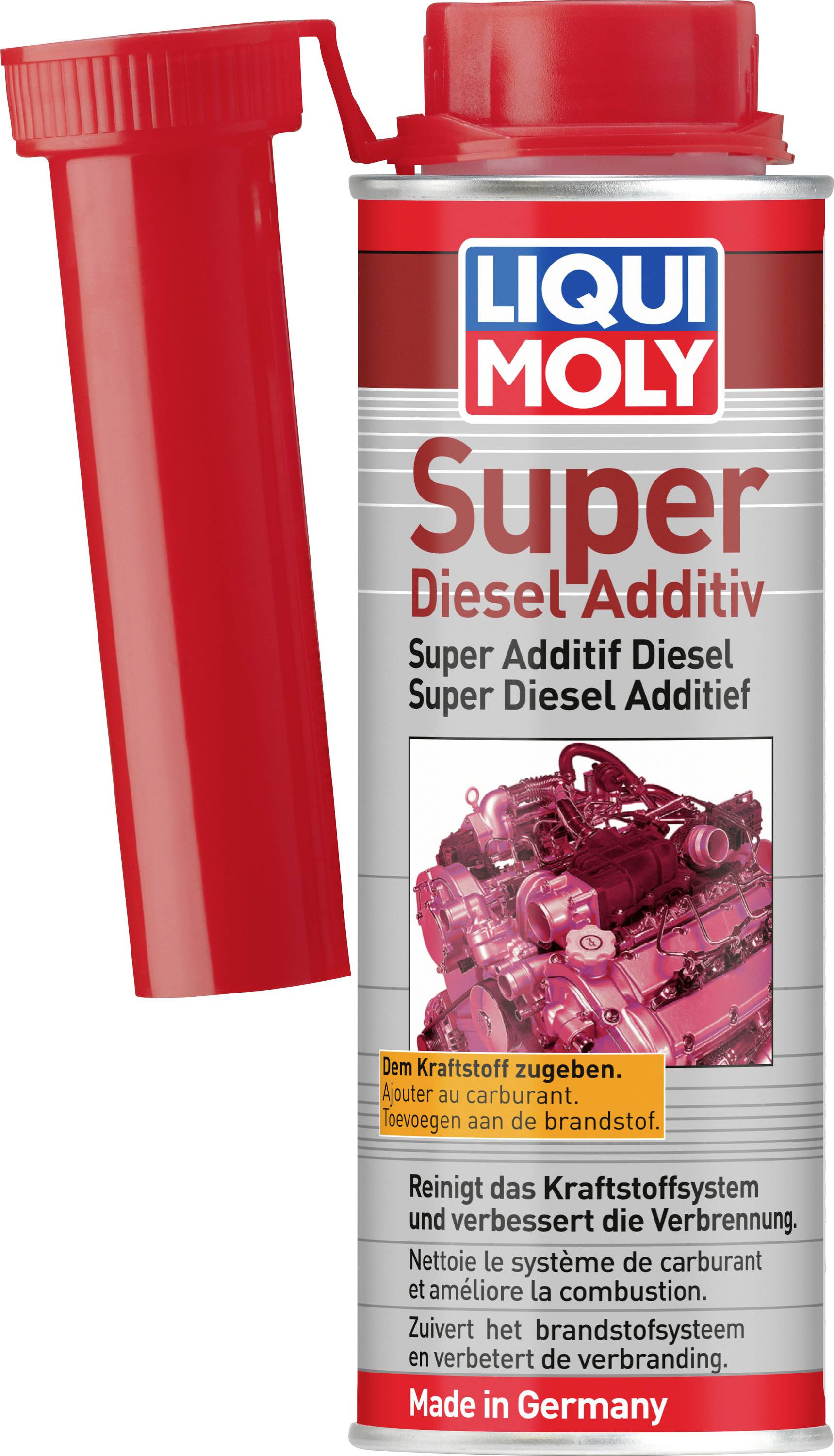 LIQUI MOLY Super Diesel Additiv mit roter Kappe und Kappenaufsatz, beschriftet in Deutsch, Französisch und Niederländisch, zum Zugeben zu Dieselkraftstoff und zur Verbesserung der Verbrennung.