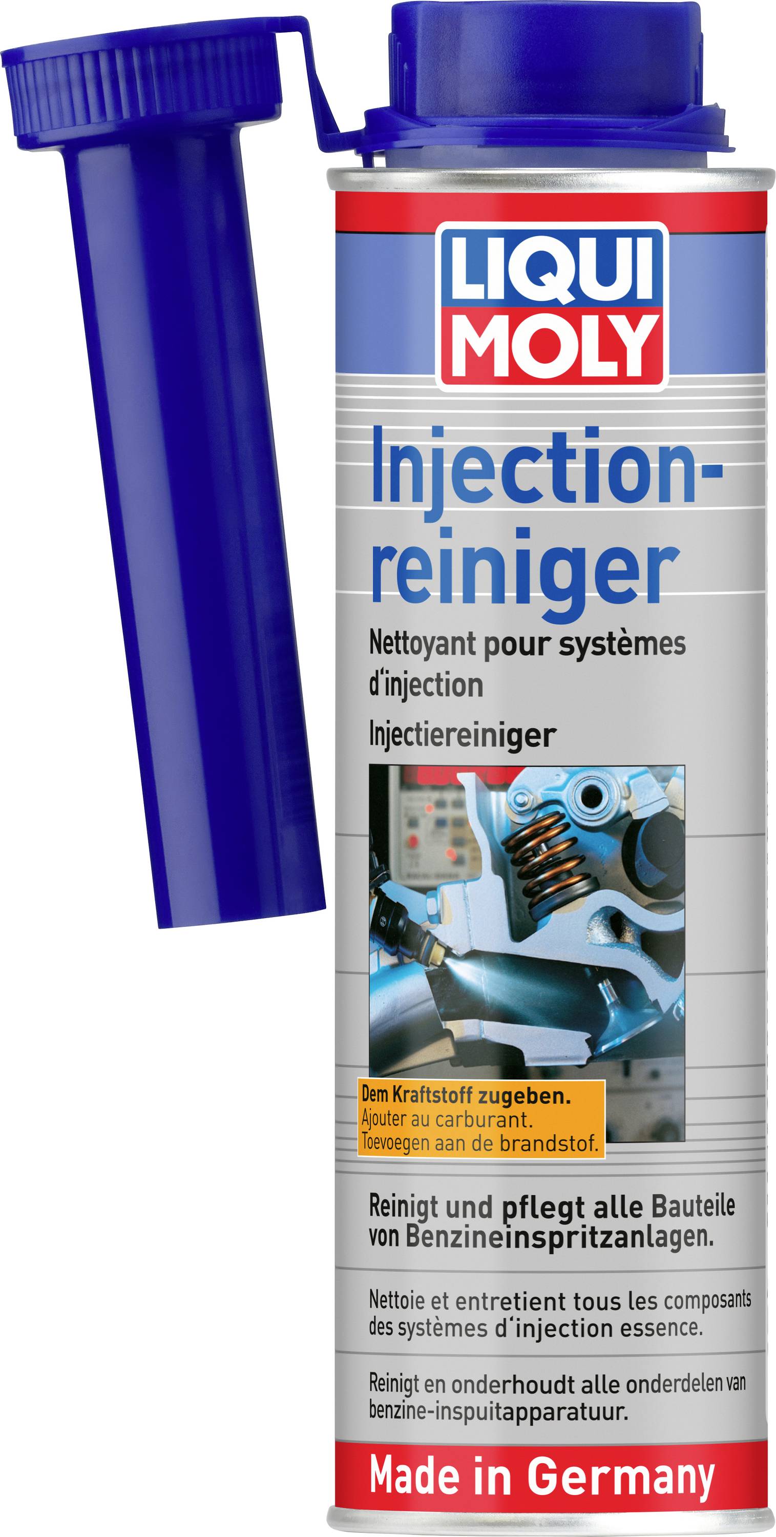LIQUI MOLY Injection-Reiniger Dose mit blauer Applikatordüse, ein Benzineinspritzenreiniger für Benzineinspritzsysteme.