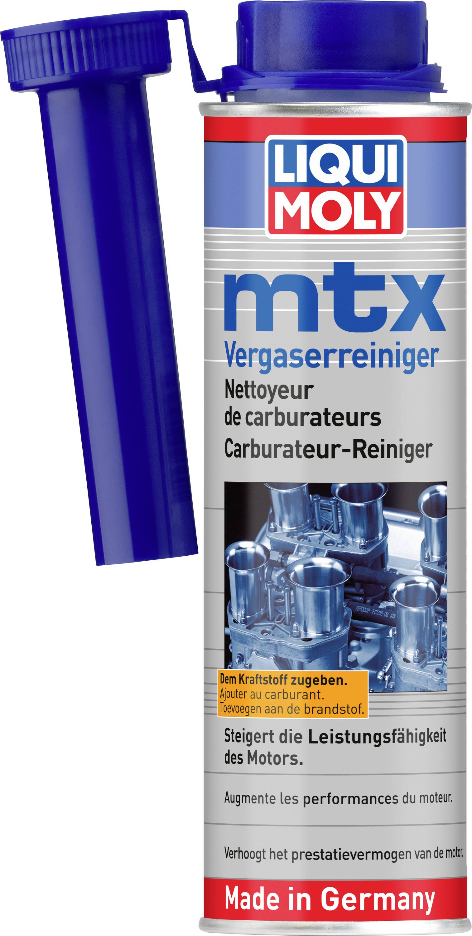 LIQUI MOLY MTX Vergaserreiniger-Flasche mit angebrachtem blauem Verschlussaufsatz, beschriftet mit „Vergaserreiniger