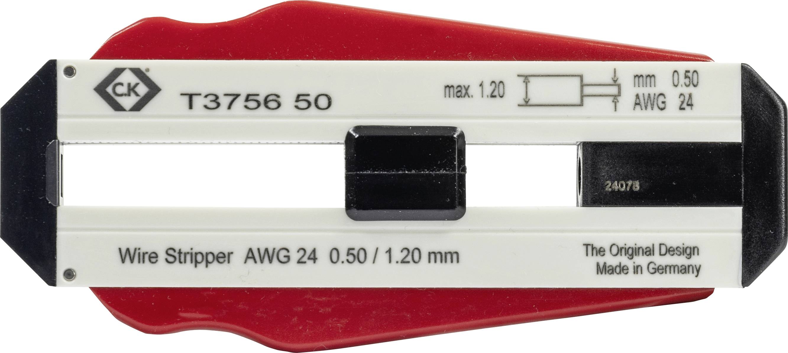 Pince à dénuder allemande portant l'inscription 'T3756 50', adaptée aux câbles AWG 24 de 0,50/1,20 mm. Logo du fabricant en haut à gauche.