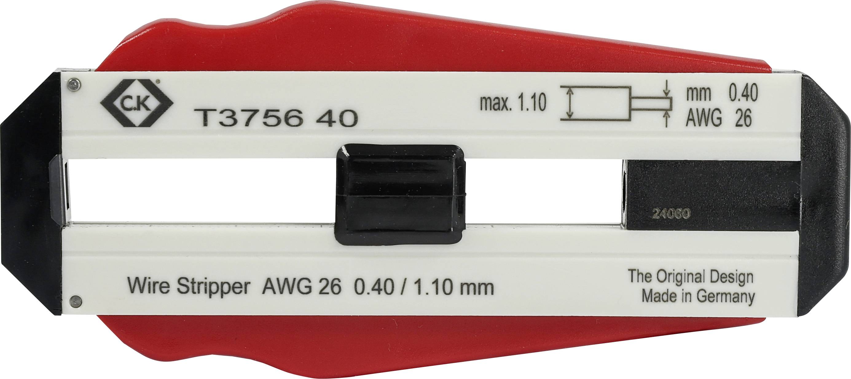 Dénudeur de fil avec poignée rouge, marqué max 1,10 mm, AWG 26. Texte : « Le Design Original Fabriqué en Allemagne ».