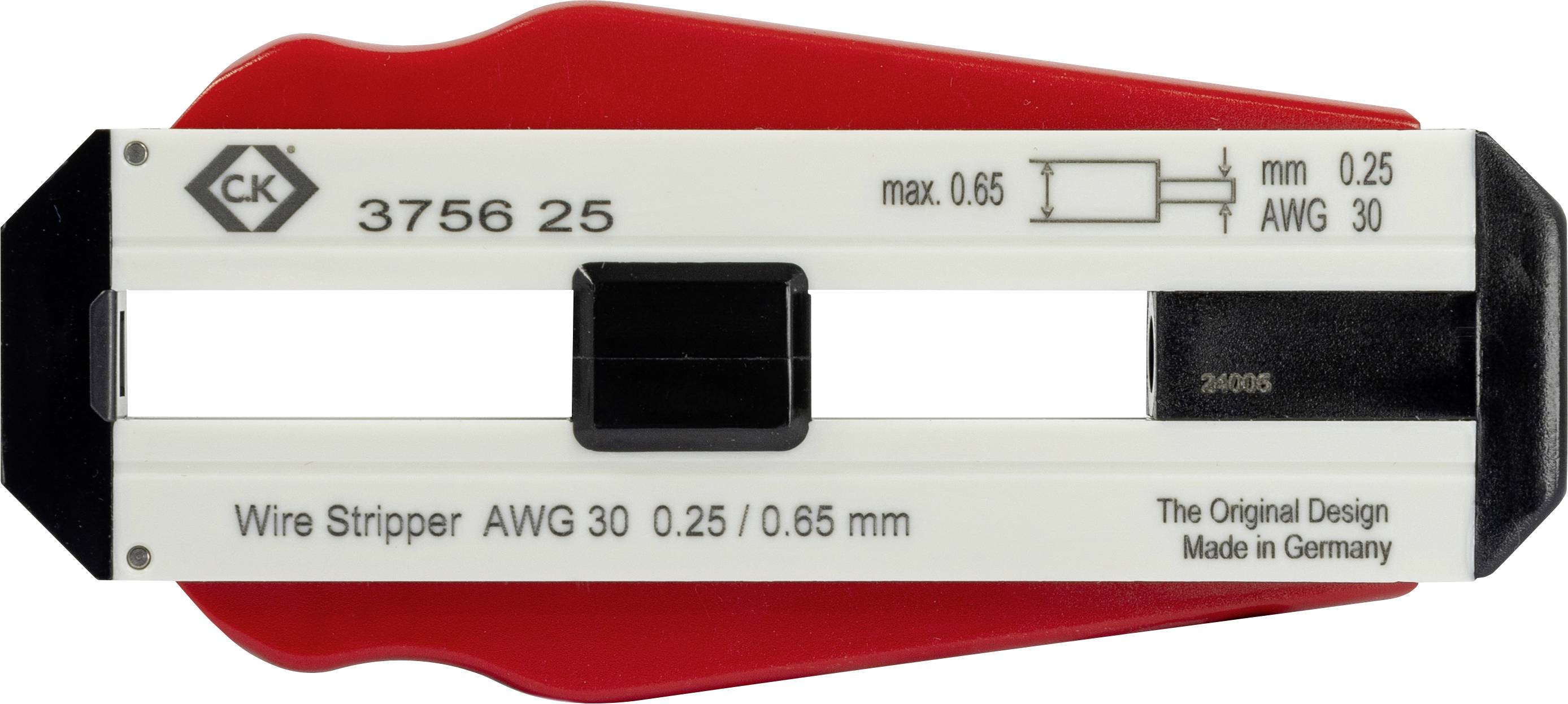 Pince à dénuder avec marquage 'Wire Stripper AWG 30 0,25 / 0,65 mm', capacité maximale de 0,65 mm, fabriquée en Allemagne.