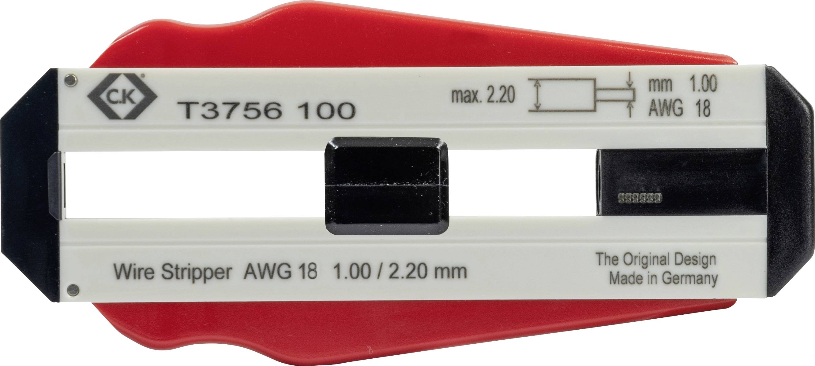 Un dénudeur de câbles portant l'inscription 'Wire Stripper AWG 18 1.00/2.20 mm', adapté pour les câbles de 1,00 à 2,20 mm, fabriqué en Allemagne.