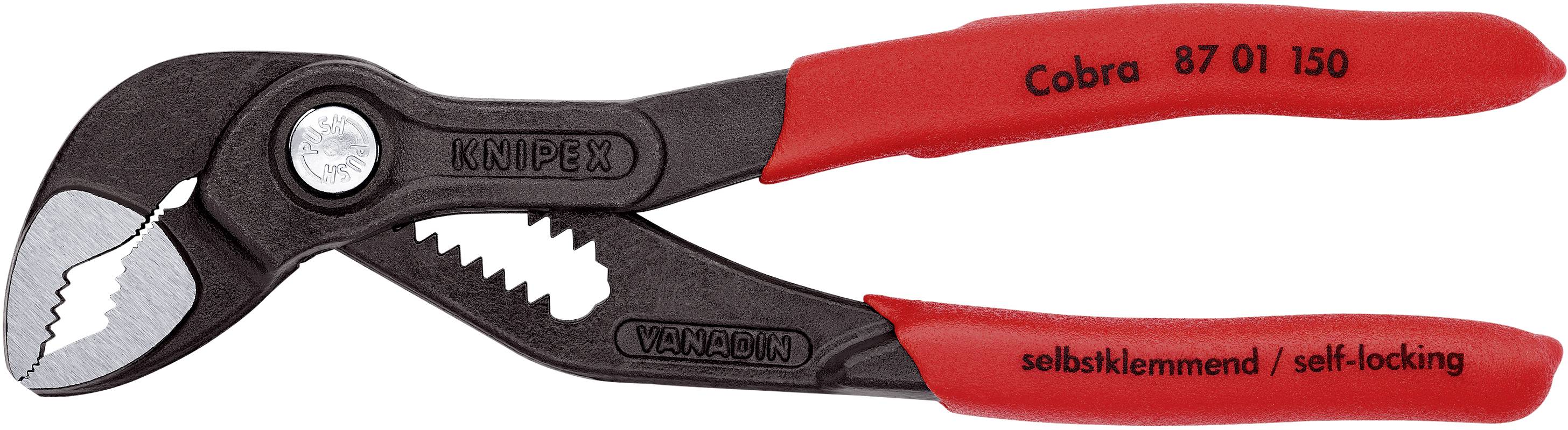 Une pince multiprise à eau noire avec des poignées rouges de la marque 'Knipex Cobra', modèle '87 01 150', à autobloquage.