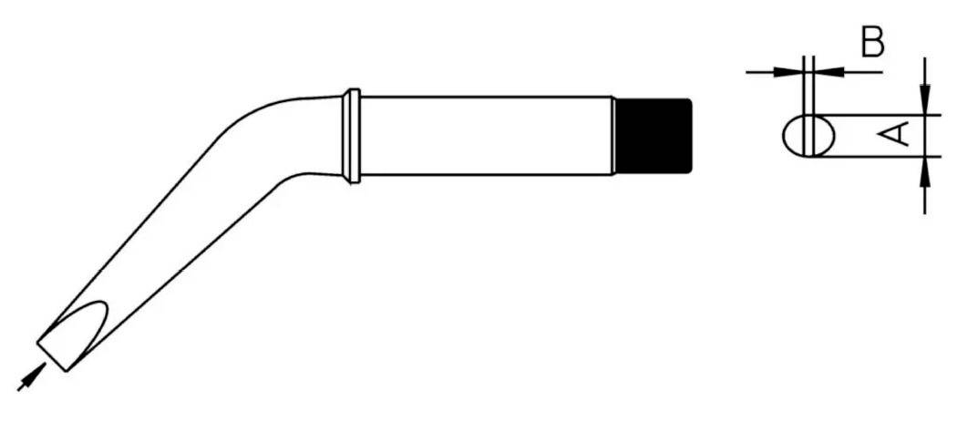 Diagramme d'un tube ou tuyau incliné avec des dimensions étiquetées A et B montrant son ouverture ovale et sa taille de section transversale.