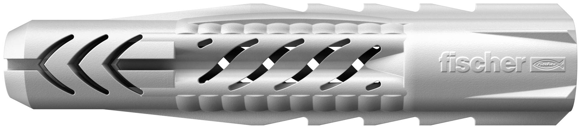 Silver Fischer expansion anchor sleeve with slotted, ribbed body and arrow markings on a white background.