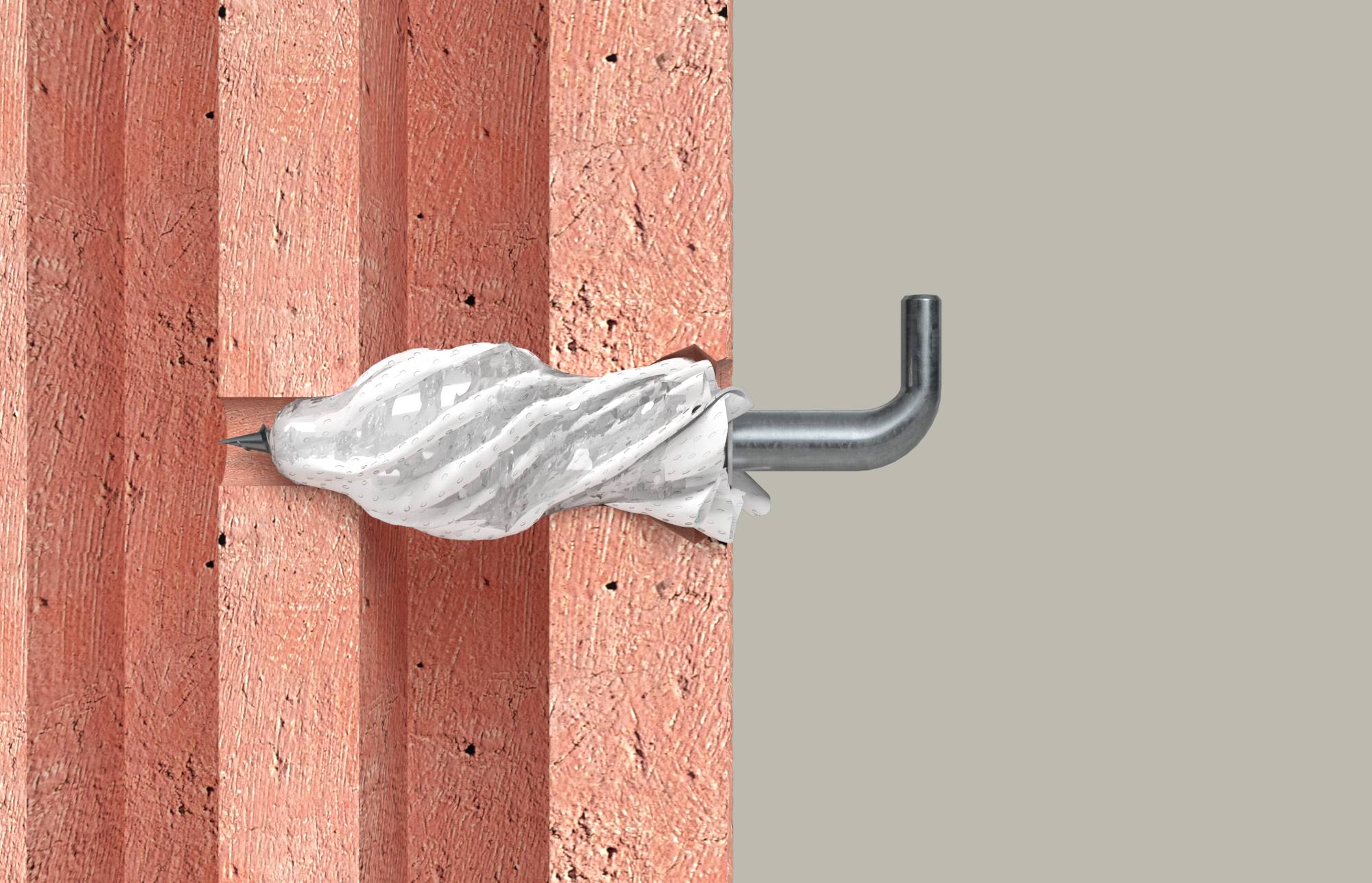 Illustration d'une cheville de maçonnerie étant vissée dans un mur en briques, avec une cheville blanche se comprimant autour du crochet métallique.