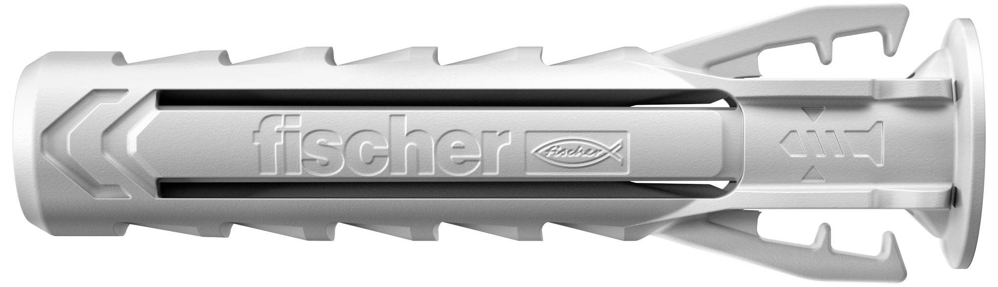 Cheville en plastique portant le logo de la marque 'fischer'. La cheville est conçue pour la fixation sur différents supports de construction.